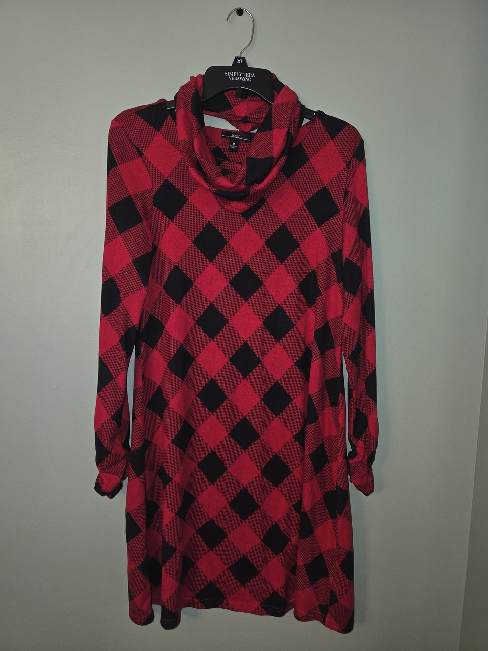 R&K Red and Black Plaid Cowl Neck Long Sleeve Dress